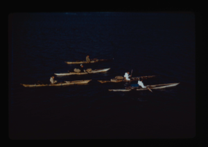 Image of Five kayakers, in low light (2 copies)