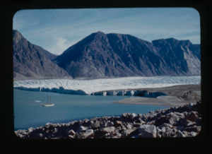 Image of The Bowdoin moored near glacier. (2 copies)