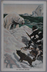 Image: The Enraged Mother: hunter with dogs, holding a baby polar bear 