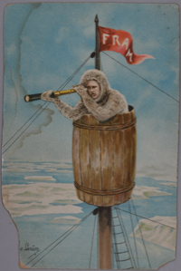 Image: Fur-clothed man in birdsnest w/telescope and red flag reading FRAM (w. message)