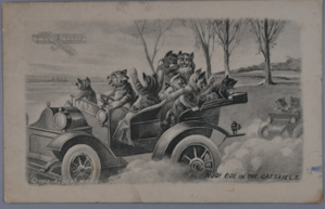 Image of A Joy Ride in the Catskills with cats driving in open car (with message)