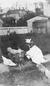 Image of Miriam Look with three hens