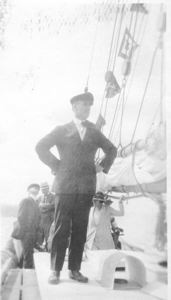 Image of "Dan [Donald MacMillan], Dad [Jerome Look] and Uncle Bill in rear; on the Bowdoin