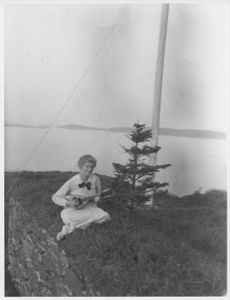 Image of Woman with stringed instrument, seated on grass