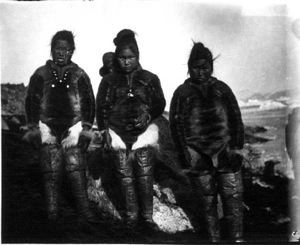 Image: 3 Inuit women, one with baby in hood