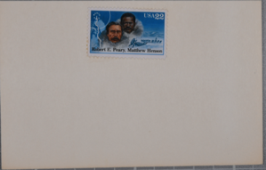 Image of Robert E. Peary, Matthew Henson 22 cent postage stamp attached to notecard