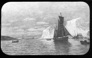 Image of Unidentified Artwork Depicting Fishing Scene with Schooners, Small Boats and Icebergs, Reproduction