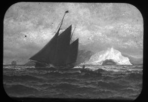 Image of Unidentified Artwork Depicting Schooner Under Sail, Iceberg and Small Boat, Reproduction