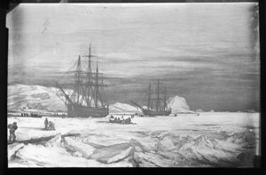 Image of Unidentified Artwork Depicting Two Iced-In Ships and Men on the Ice, Reproduction