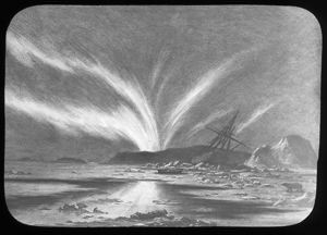 Image of Unidentified Artwork Depicting Northern Lights, Ship and Bear, Reproduction