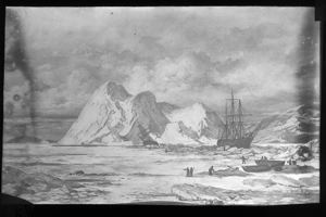 Image of Unidentified Artwork Depicting Two Iced-In Ships and Men, Reproduction