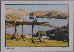 Image of Card, kayaks on stand; French expedition to Greenland  1934-1935