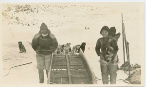 Image: Inuit family repairing sledge. Dogs at rest