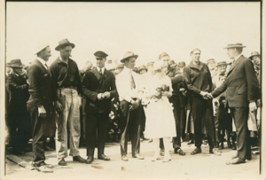 Image of Governor of Maine Percival Baxter greets crew before departure