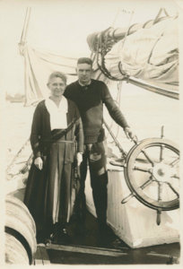 Image of Richard Goddard and his mother? on deck before sailing