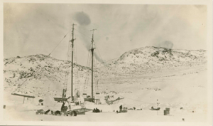 Image of The Bowdoin in winter quarters; dogs, sledges and activity in foreground