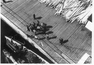 Image: Looking down onto people and lumber on dock