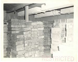 Image: Interior, cold storage building, showing cases of beef fresh frozen boneless fo