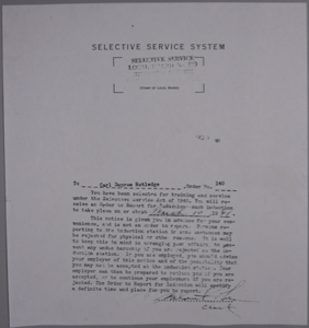 Image of Notification of pending induction for Rutledge from Selective Service System