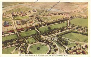 Image of Fort Francis Warren from the air. 57X (?) and Guard houses marked, postcard