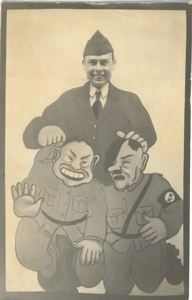 Image: Rutledge with caricature of Mussolini and Hitler