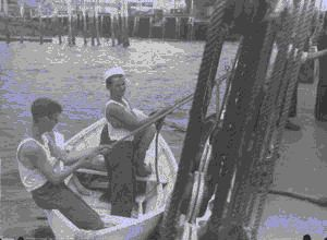 Image: Two crewmen in dory by the BOWDOIN