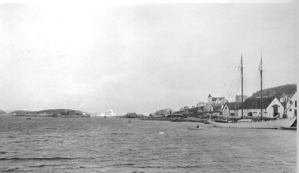 Image of Iceberg grounded at entrance of harbor; BOWDOIN docked