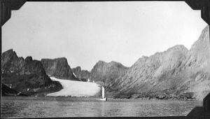 Image: Mountains and glacier tongue. The BOWDOIN moored