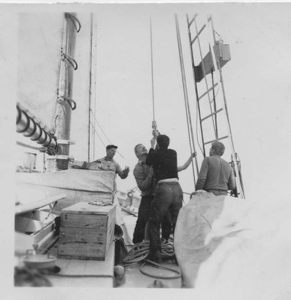 Image of "Up Foresail" Otto Halversen, Otto Schumacher, Doc [Charles or Chauncey] Hall, L