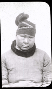 Image of Inuit woman with wrapped headscarf, portrait