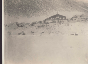 Image of Winter quarters. Late Fall. [Borup Lodge in winter]