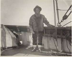 Image of On board "Cluett" off Disko Fjord. Engineer Melrose Cotton in Greenlander costume