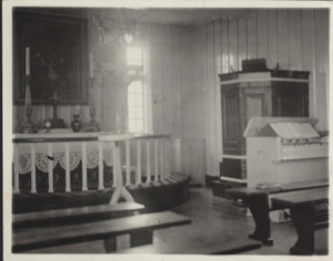 Image of Interior of church showing altar, pulpit and melodeon. (South half)