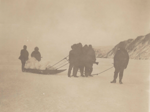 Image of Crew hauling kahmootik load of ice to schooner. 11 A.M. Sun gone