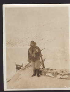 Image: Jot dressed for Hare [Expedition member in furs with rifle. Two sledges]
