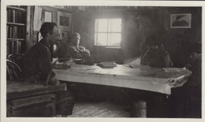 Image: Maurice Tanquary, Harrison Hunt, Jerome Allen and two Inughuit men at table in Borup Lodge