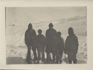 Image: Two expedition men and three Greenlandic children