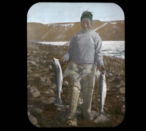 Image of Ah-nen-ah with two salmon at Etah