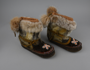 Image: Pair beaded Alaskan fur boots with cloth lining
