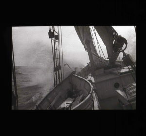 Image of Looking across dories to rough seas   [b&w]