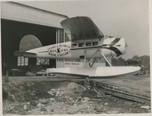 Image of MacMillan's plane, the "Viking," outside a hangar