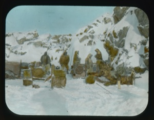 Image of Men and sledges at Camp Sonntag