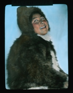 Image of Portrait: Ahl-ning-wa in furs. Head back, laughing