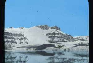 Image of Glacier on striated hill. Reflection