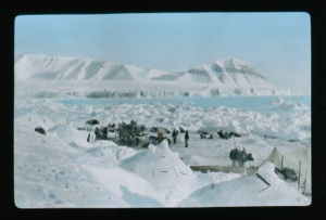 Image of Inuit village: tents, igloos and several dog teams. Clements Markham Glacier