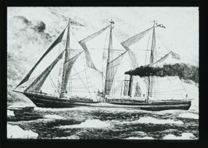Image of Drawing: The Roosevelt under sail. Smoke coming from smokestack 