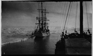 Image of View of ice and a second vessel from one of the Byrd Expedition ships - near the Great Ice Barrier 