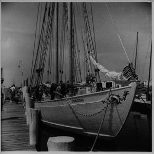 Image of The BOWDOIN berthed at Mystic. Visitors aboard