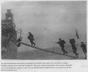 Image of Four Soviet Polar Expedition men boarding a ship. One carries a flag ...