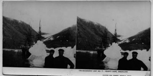 Image: Peary's ships.  [Two crewen by dying iceberg in foreground]